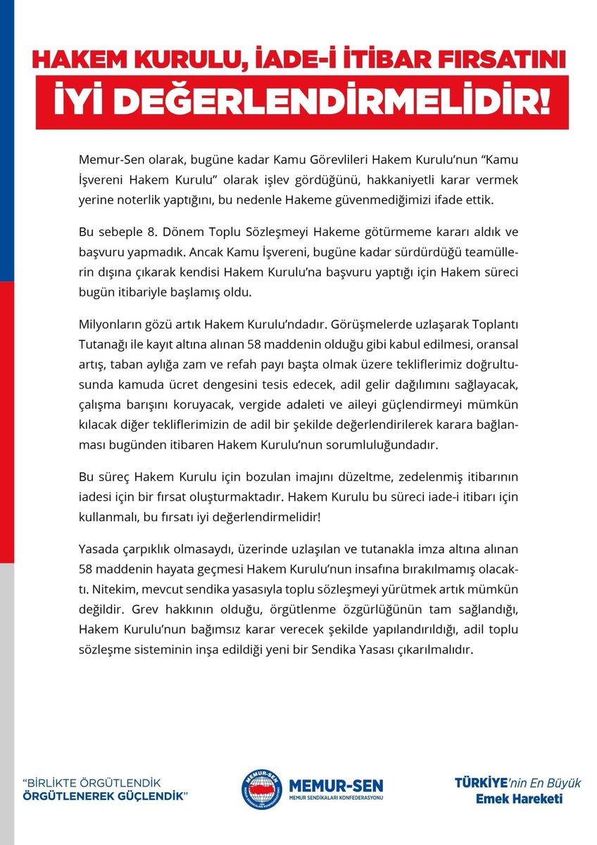 HAKEM KURULUNA BAŞVURMAYIP, İKTİDAR BAŞVURUNCA ' İADE-İ İTİBAR FIRSATI DİYEMEZSİNİZ!

Milyonlarca memur ve emekli sefalete sürüklenmiş, 7 dönem gerçekleşen toplu sözleşmede HER ZAMAN alınan artışlar enflasyona yenik düşmüş, 
➡️ 4 defa imzalamışsınız yine değişmemiş,
➡️ 3 defa
