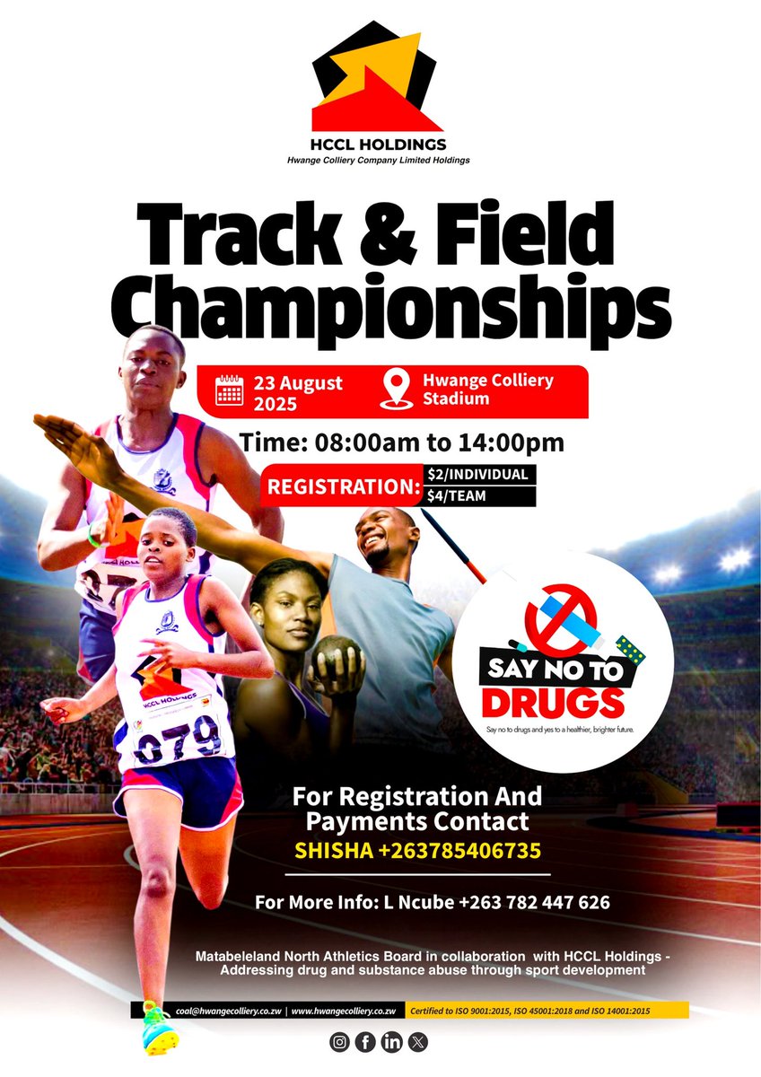 📢 Happening Today | Hwange Colliery Stadium

HCCL Holdings is proudly hosting the Track &amp; Field Championships 2025.

This sporting event is part of our Sports Revival &amp; ESG agenda, aimed at empowering youth, promoting healthy lifestyles, and addressing drug and substance abuse.