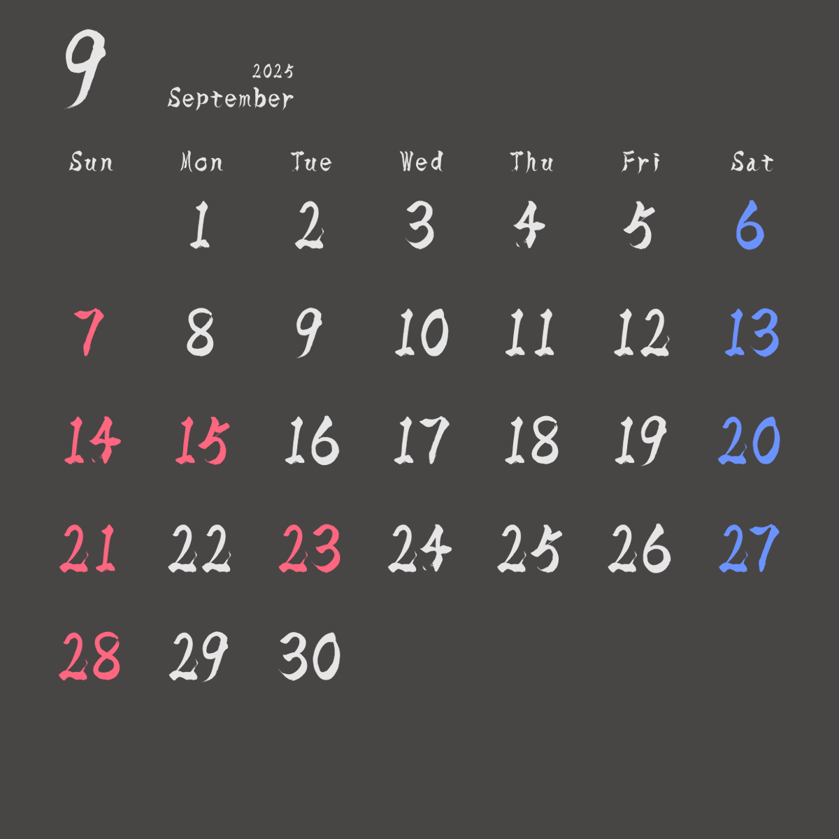 ◤￣￣￣￣￣￣￣￣
 シンプルな2025年
9月カレンダー素材📅
＿＿＿＿＿＿＿＿◢

♥&amp;♻で使用可能

・自作発言/二次配布NG
・加工OK
・返礼品等にも使用OK

フォント2パターン
黒文字＆白文字Ver.
透過素材はリプに

#カレンダー配布 
#IRIAM素材 #VTuberAssets