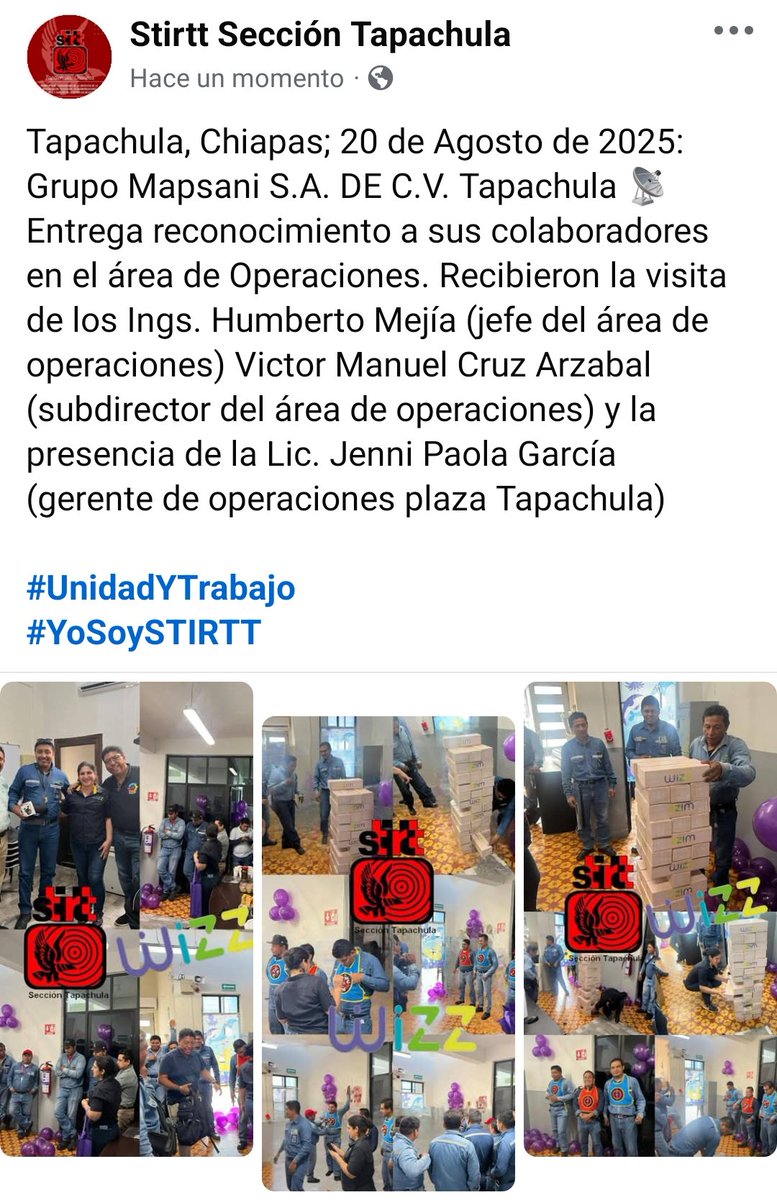 STIRTT Tapachula y Grupo Mapsani S.A. de C. V. Reconocen el trabajo de los compañeros del área de operaciones. 
#UnidadYTrabajo