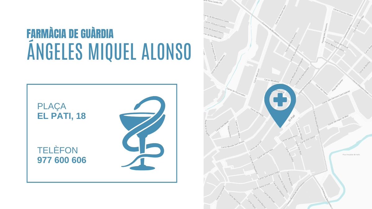 Bon dia, avui a #Valls la farmàcia de guàrdia és Ángeles Miquel Alonso, a la plaça del Pati, 18.
#FarmàciaGuardiaValls