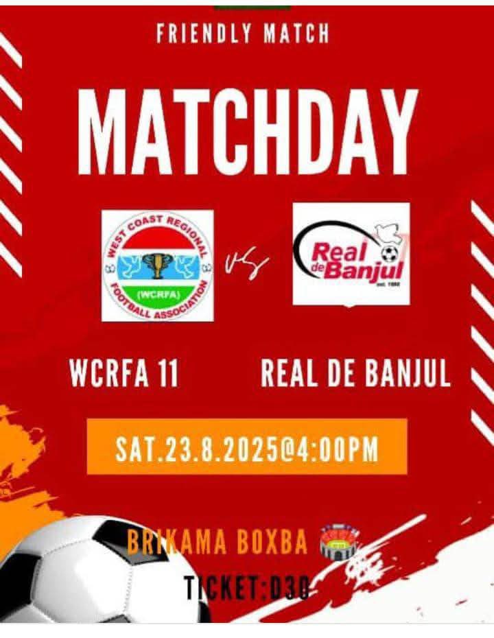 It's MATCHDAY: The City Boys will face the best selection of the West Coast Regional Football Association.

See y'all Whites’ fans at the Boxbar as our preparation for the CAF Champions League Qualifier intensifies. 

#rdb #matchday #real4real #cityboys #champions #realdebanjul