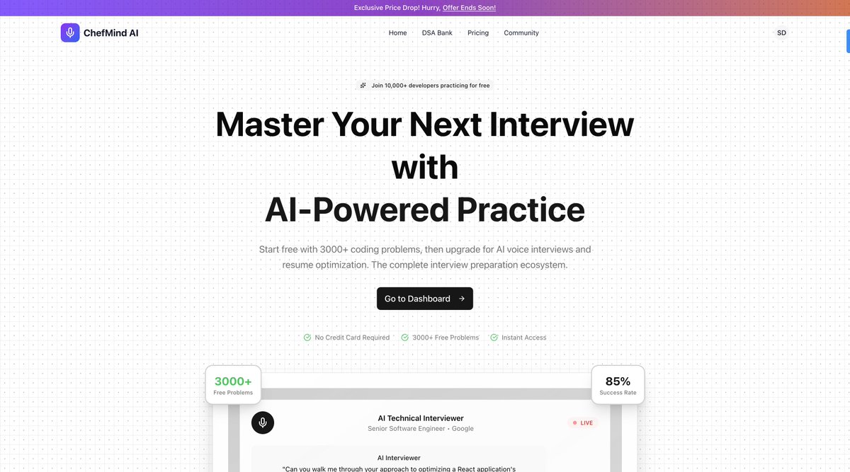 Sagar__Dev's tweet image. Introducing ChefMind AI
🍳 Practice real mock interviews with AI voice agents
📝 Upload JD → Get tailored Qs instantly
🧠 AI Career Coach for feedback + roadmaps
💻 3,000+ coding challenges

👉 chefmind-ai.vercel.app
#JobSearch #AI #InterviewTips