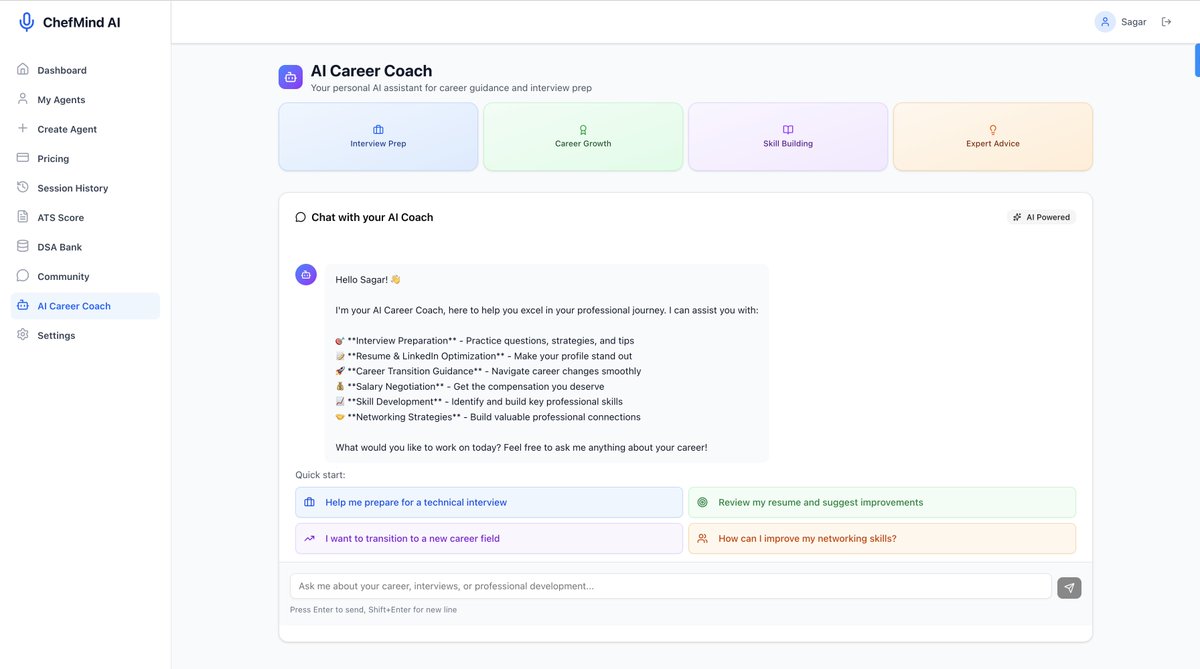 Sagar__Dev's tweet image. Introducing ChefMind AI
🍳 Practice real mock interviews with AI voice agents
📝 Upload JD → Get tailored Qs instantly
🧠 AI Career Coach for feedback + roadmaps
💻 3,000+ coding challenges

👉 chefmind-ai.vercel.app
#JobSearch #AI #InterviewTips