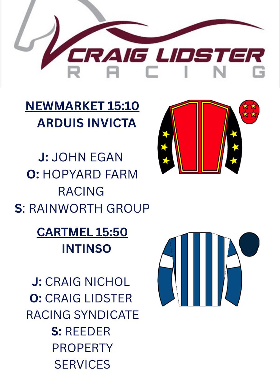 Craig Lidster Racing (@c_lidsterracing) on Twitter photo Two runners flying the flag for the yard today! 🐎
<a href="/NewmarketRace/">Newmarket Racecourse</a> 15:10 ARDUIS INVICTA
Runs for owners Hopyard Farm Racing, bidding to keep the good form rolling in a very valuable contest
<a href="/Cartmelrace/">Cartmel Racecourse</a> 15:55 - INTINSO
Makes the exciting switch to make his debut over hurdles for Two runners flying the flag for the yard today! 🐎
<a href="/NewmarketRace/">Newmarket Racecourse</a> 15:10 ARDUIS INVICTA
Runs for owners Hopyard Farm Racing, bidding to keep the good form rolling in a very valuable contest
<a href="/Cartmelrace/">Cartmel Racecourse</a> 15:55 - INTINSO
Makes the exciting switch to make his debut over hurdles for
