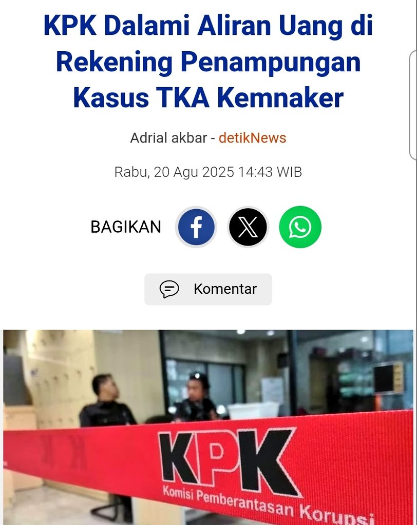 Kemnaker ini nampaknya sejak lama menjadi sarang pemerasan para pekerja. Mulai dari sertifikasi K3 hingga ijin TKA (Tenaga Kerja Asing). Hampir semua eselon terlibat dan agregat korupsinya bisa ratusan milyar. <a href="/KPK_RI/">KPK</a> harusnya berani ngulik para Menteri dan Wamen sebelumnya.