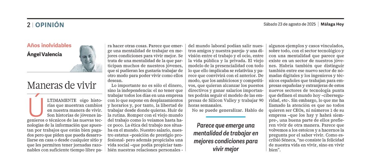 avalenciasaiz's tweet photo. Mi columna de los sábados en @malagahoy_es. Hoy escribo sobre el cambio que se está produciendo  en la manera de ver el trabajo en 'Maneras de vivir'. https://t.co/FuTa7iWwzC