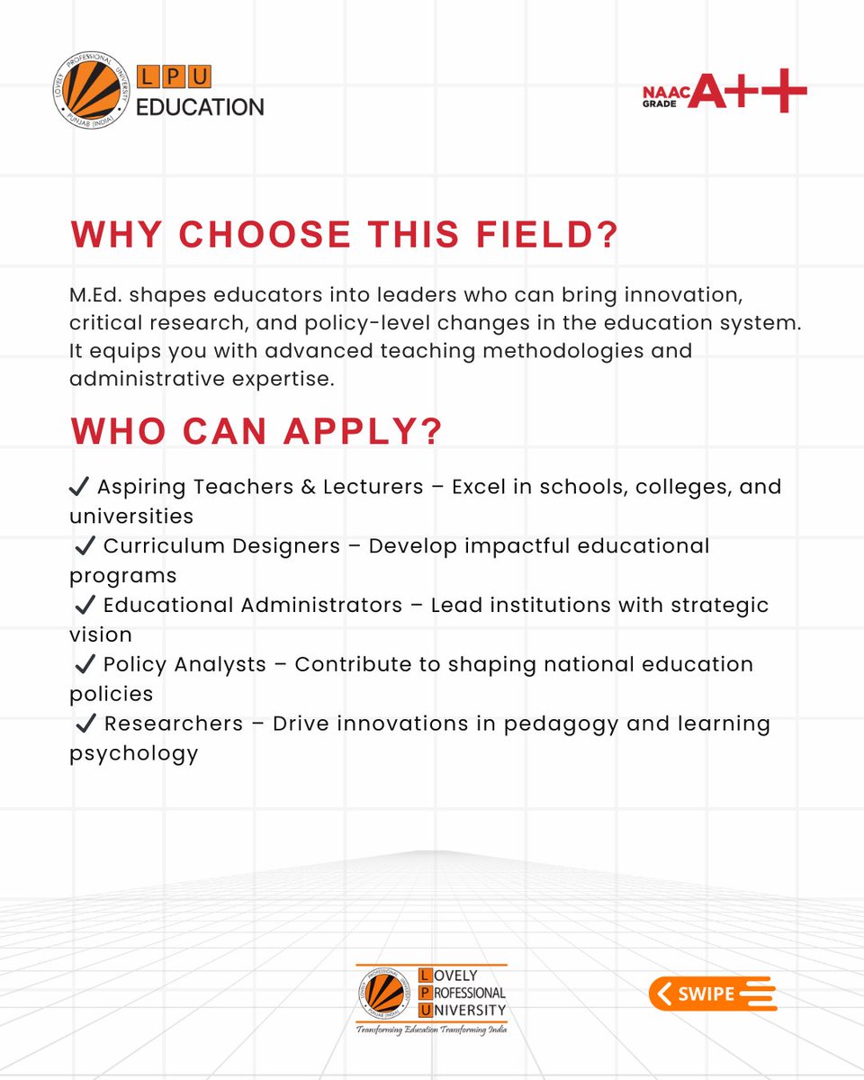 LPU_Education's tweet image. 🎓 Dreaming of shaping the future of education?
Take the next big step with an M.Ed. (Master of Education) at LPU! 🚀✨
🔹 Advance your career
🔹 Become a leader in education
🔹 Open doors to research, policy, and global opportunities 🌍
👉 Swipe to know more! 
 #FutureEducator