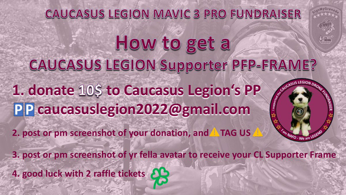 🔥🔥🔥🔥🔥🔥🔥🔥🔥🔥🔥🔥🔥🔥
               It‘s SATURDAY, Fellas!

CAUCASUS LEGION DRONE FNDRZR

                 🔥UPDATE DAY 17🔥

Drone 2: ✅✅🟧🟥🟥  🟥🟥🟥🟥🟥23,6% - (563/2.400$)

Drone 1: 100% funded!!!🙏

➡️➡️➡️LEFT TO GO: 1.837 $⬅️⬅️⬅️

🅿️🅿️