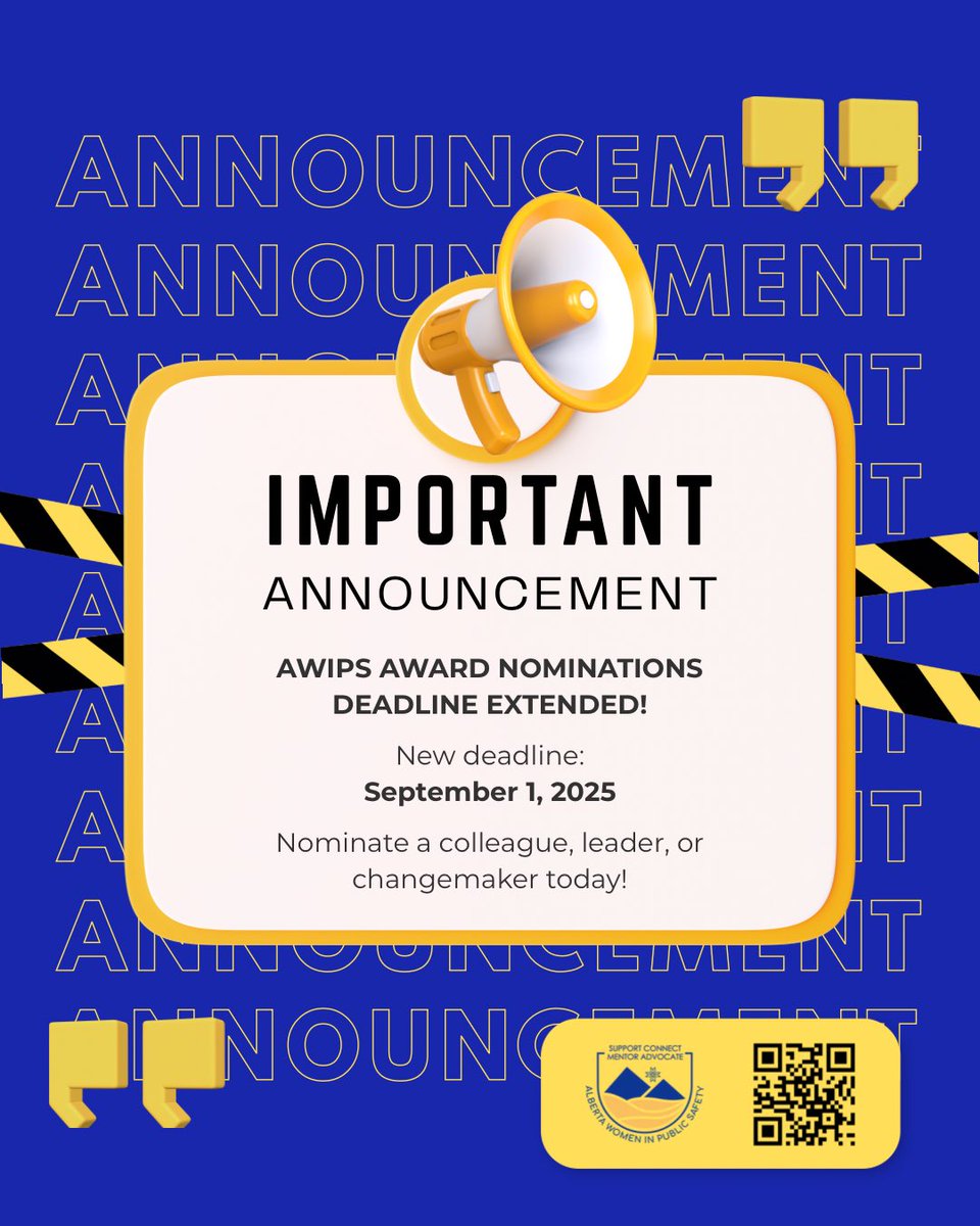 📢 Deadline extended!
Nominate a colleague for the 2025 AWIPS Awards 🏆

🗓️ New deadline: Sept 1
6 awards: Ally, Deb Jolly Leadership, Officer, Civilian, Top 5 Under 5, He For She.

👉 awips.ca/awards

#AWIPSAwards #PublicSafety #WomenInPublicSafety