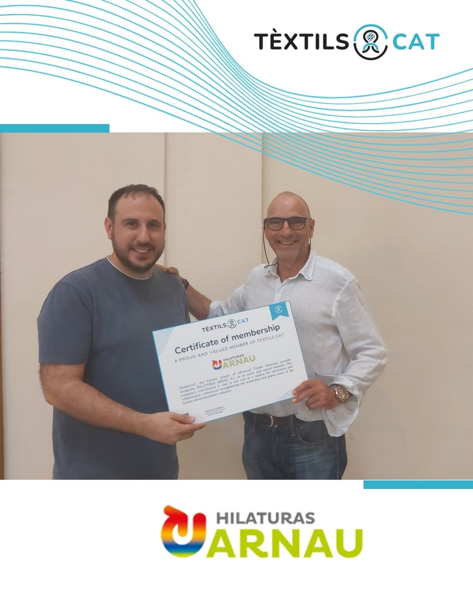 Tèxtils.CAT (@textils_cat) on Twitter photo The company <a href="/hilaturasarnau/">Hilaturas Arnau Barcelona</a> received our Membership Certificate as recognition of their active role within <a href="/textils_cat/">Tèxtils.CAT</a>.
Renowned for their dedication to sustainability and quality in yarn manufacturing, Hilaturas Arnau plays a key part in driving forward the #cluster mission. The company <a href="/hilaturasarnau/">Hilaturas Arnau Barcelona</a> received our Membership Certificate as recognition of their active role within <a href="/textils_cat/">Tèxtils.CAT</a>.
Renowned for their dedication to sustainability and quality in yarn manufacturing, Hilaturas Arnau plays a key part in driving forward the #cluster mission.