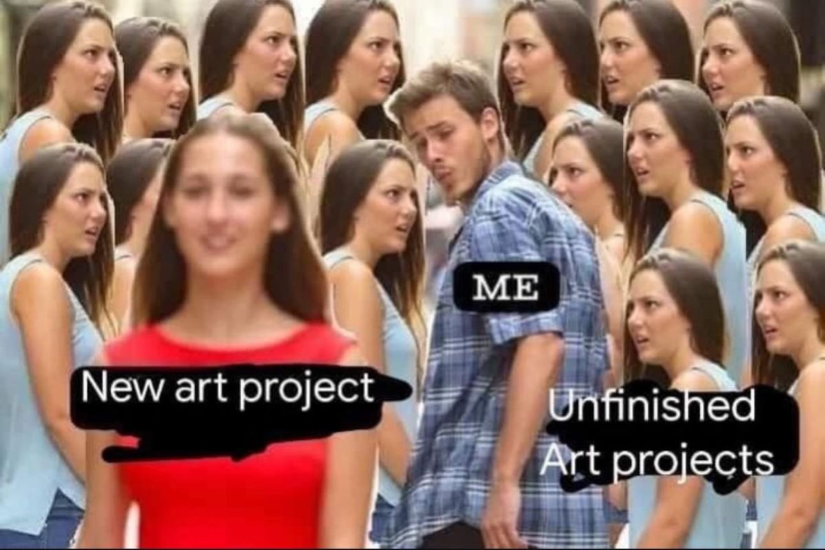 albireiku's tweet image. 🎨✨ As a VTuber + artist... this meme is literally me:
 100 unfinished projects staring at me... while I chase a new shiny idea 😂
#VTuber #ArtistProblems
