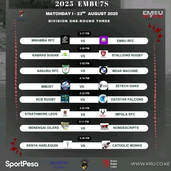 Division 1 Order of Play

ticketyetu.com/event/embu-sev…

#Embu7s #SportPesa7s #TuskerNaRugby #NSC2025 #RoadToSafari7s #kenyarugbyupdates #RugbyKE