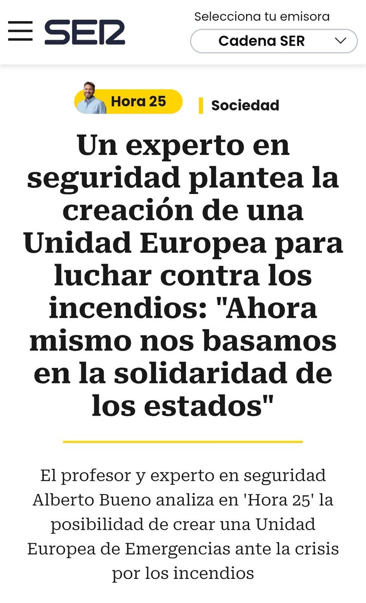 Mi entrevista en <a href="/La_SER/">Cadena SER</a> <a href="/Hora25/">Hora 25</a> sobre mi propuesta de una Unidad Europea de Emergencias cadenaser.com/nacional/2025/… Y la idea original, publicada en <a href="/a_publica/">Agenda Pública</a> agendapublica.es/noticia/20097/…