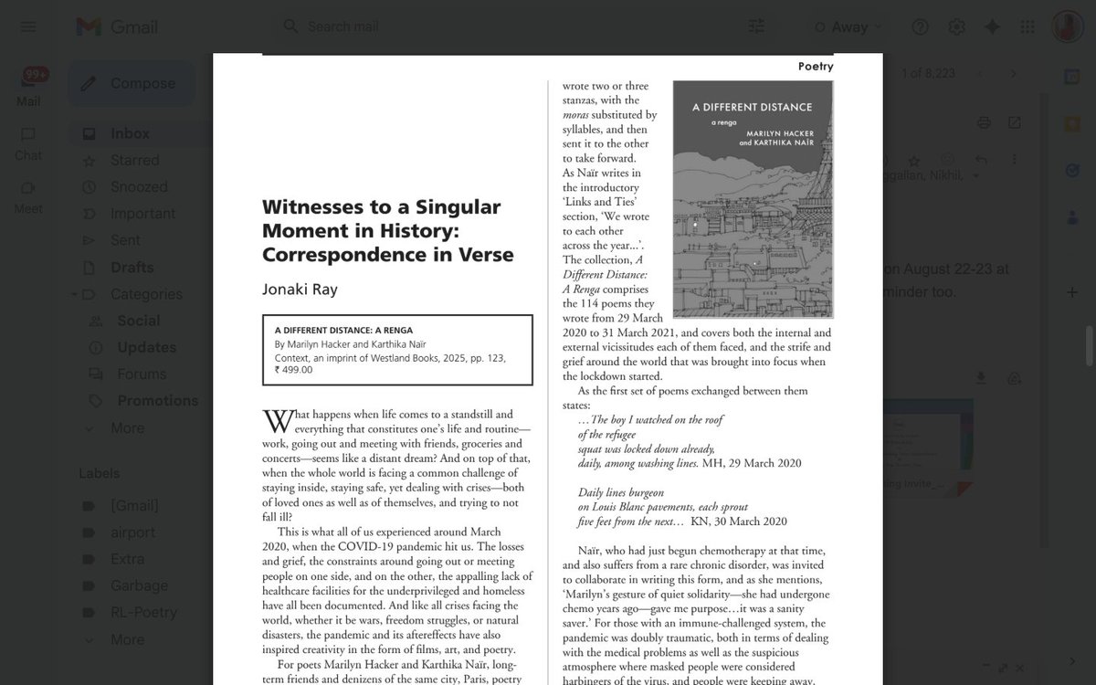 It was a delight to read the collaborative poetry book, A Different Distance, by Marilyn Hacker and Karthika Nair. My review of it is published in the latest issue of The Book Review, one of India's oldest peer-reviewed academic journal