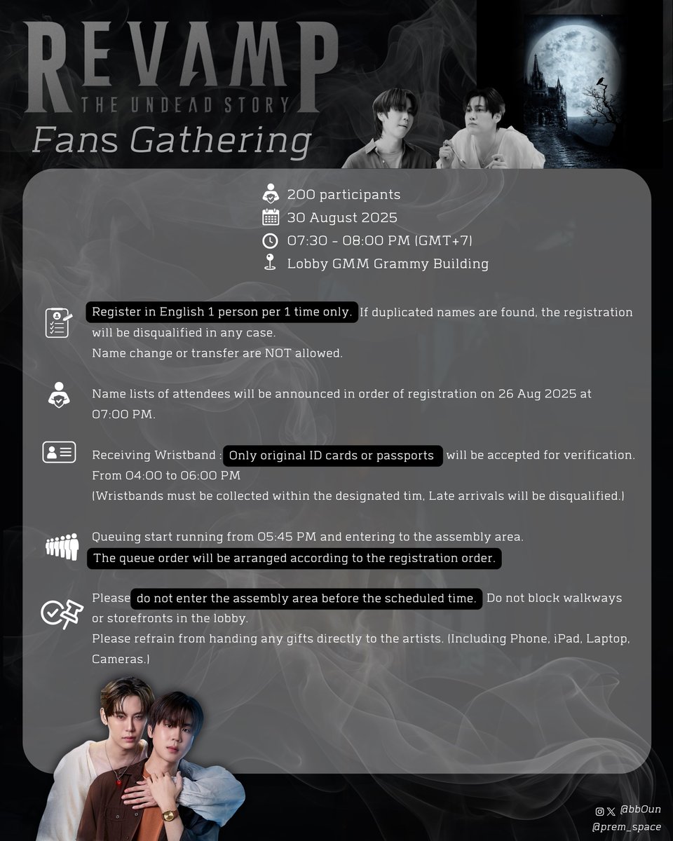 BounPrem Thailand (Official) (@bounprem_th_ofc) on Twitter photo 📣 ประกาศรวมพล REVAMP THE UNDEAD STORY
#RevampSeries 🧛🏻👦🏻🕯️🪞
#BounPrem #bb0un #prem_space
📝 200 คน
🗓️30 สิงหาคม 2568
⏰ 19:30 - 20:00 น.
📍 Lobby GMM Grammy Building
✏️ เปิดให้ลงทะเบียนผ่านทาง Google Form ในวันที่ 25 สิงหาคม 2568 เวลา 20:00 น. ทาง X <a href="/BounPrem_TH_OFC/">BounPrem Thailand (Official)</a> 📣 ประกาศรวมพล REVAMP THE UNDEAD STORY
#RevampSeries 🧛🏻👦🏻🕯️🪞
#BounPrem #bb0un #prem_space
📝 200 คน
🗓️30 สิงหาคม 2568
⏰ 19:30 - 20:00 น.
📍 Lobby GMM Grammy Building
✏️ เปิดให้ลงทะเบียนผ่านทาง Google Form ในวันที่ 25 สิงหาคม 2568 เวลา 20:00 น. ทาง X <a href="/BounPrem_TH_OFC/">BounPrem Thailand (Official)</a>