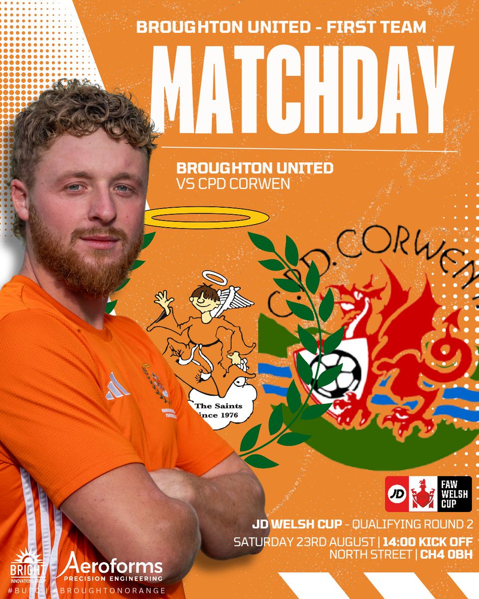 ⚽️ | Another cup game coming this afternoon🏆

The First Team host Corwen at North Street today in the Welsh Cup🏴󠁧󠁢󠁷󠁬󠁳󠁿

Kick off is 14:00, all support is massively appreciated🫡

#BUFC⚽️ | #BroughtonOrange🟠