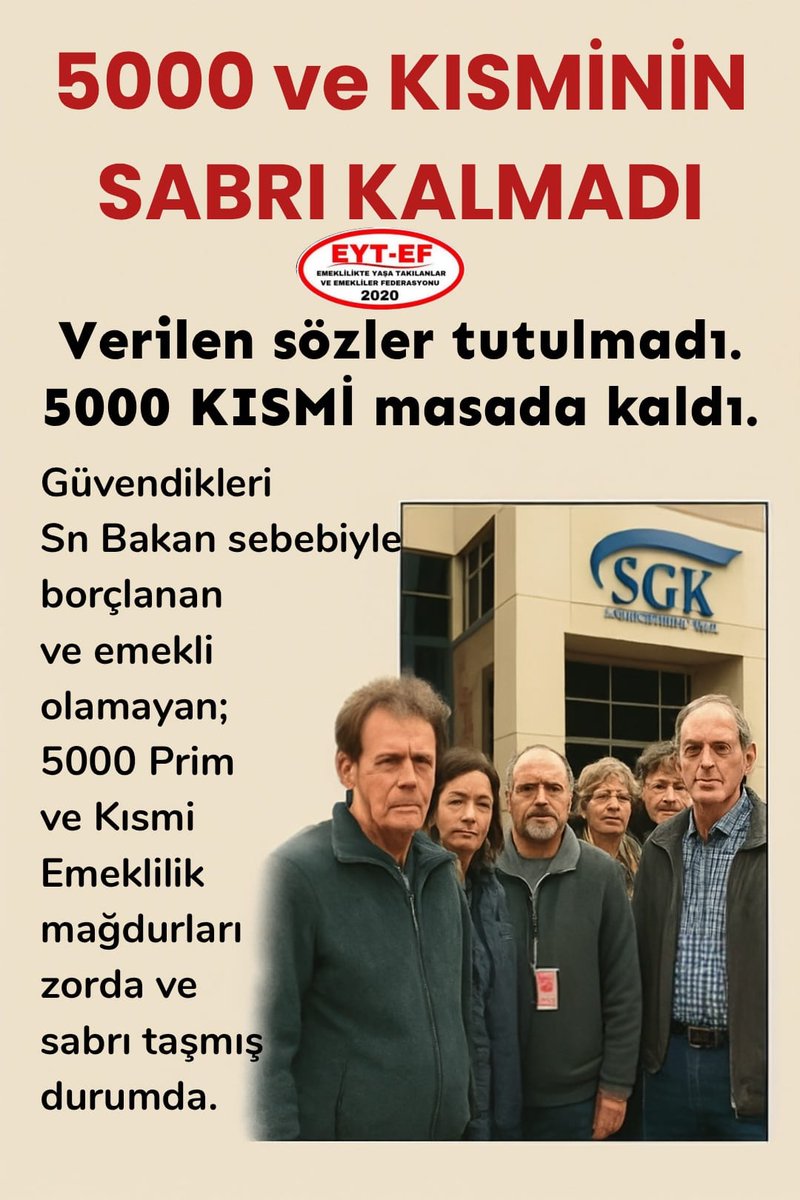 EYT VE EMEKLİLER DERNEĞİ (@eyt_ed) on Twitter photo 2.TAG
👇👇
#5000VeKısmideSabırKalmadı
Eyy İktidar !
Masada bıraktığınız
Kazanılmış Anayasal İKİ haktır!
Siyasi hesaplara konu olamayacak kadar büyük
Anaların ak sütü gibi helaldir!
Sabrımızı sınamayın
Vebal ağırdır unutmayın !
#EmeklilerinSabrıTaştı
<a href="/RTErdogan/">Recep Tayyip Erdoğan</a>
<a href="/isikhanvedat/">Prof. Dr. Vedat Işıkhan</a> 2.TAG
👇👇
#5000VeKısmideSabırKalmadı
Eyy İktidar !
Masada bıraktığınız
Kazanılmış Anayasal İKİ haktır!
Siyasi hesaplara konu olamayacak kadar büyük
Anaların ak sütü gibi helaldir!
Sabrımızı sınamayın
Vebal ağırdır unutmayın !
#EmeklilerinSabrıTaştı
<a href="/RTErdogan/">Recep Tayyip Erdoğan</a>
<a href="/isikhanvedat/">Prof. Dr. Vedat Işıkhan</a>