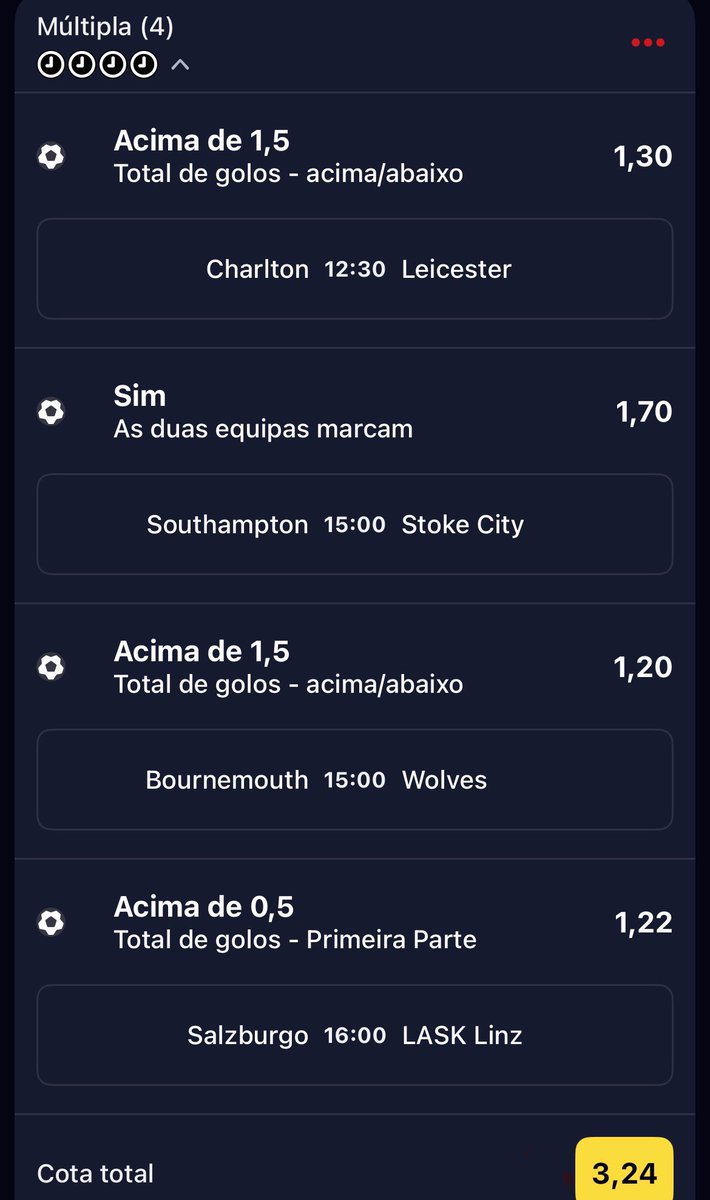MundodeApostas's tweet photo. 🔥 Múltipla de 4 jogos – Odd 3.24

⚽ Charlton x Leicester – Over 1.5
⚽ Southampton x Stoke – Ambas Marcam 
⚽ Bournemouth x Wolves – Over 1.5
⚽ Salzburg x LASK – Over 0.5 HT

👉 Confere todas as tips no nosso Telegram: https://t.co/XpbWNSiWju

#Apostas #BettingTips https://t.co/pPrPC9FJle