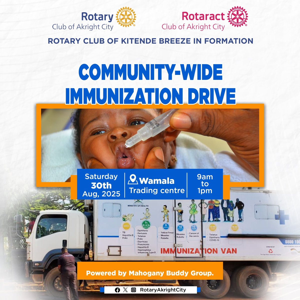 MinofHealthUG's tweet photo. In preparation for #WorldPolioDay, in Partnership with @RC_AkrightCity, Rotaract Club of Akright City and Rotary Club of Kitende- Breeze In Formation, Ministry of Health is conducting an immunization drive at Wamala Trading Center in Kajjansi. 

📅: Saturday, 30 August, 2025

📍: Wamala Trading Center,Kajjansi 

The aim of this activity is to reach all unvaccinated children. Every child deserves to be fully vaccinated for a healthy and secure future. #MOHatWork