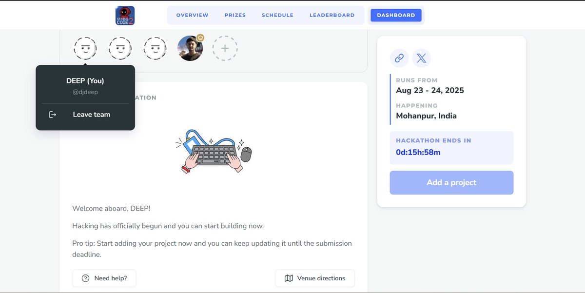 Deep_Ghosh_'s tweet image. @Status_Code_   Starts NOW!
with @ROHIT_Kr_KUNDU , @illumiel11 and @pantha704 
36 hours of innovation, code, and caffeine ☕
Hack. Build. Conquer.
#StatusCode2 #Hackathon  #CodeLife