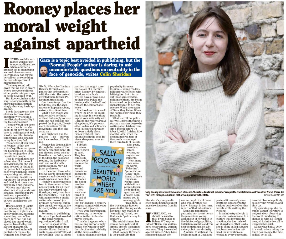 Pádraig Murchadhfinn (@murchadhfinn) on Twitter photo “Writers may bluster about sex, drugs, and class struggle, but bring up Palestine at a panel discussion and watch the oxygen vanish from the room.”
~Colin Sheridan <a href="/colinivan/">Colin Sheridan</a>
Irish Examiner
☕️🥐 “Writers may bluster about sex, drugs, and class struggle, but bring up Palestine at a panel discussion and watch the oxygen vanish from the room.”
~Colin Sheridan <a href="/colinivan/">Colin Sheridan</a>
Irish Examiner
☕️🥐