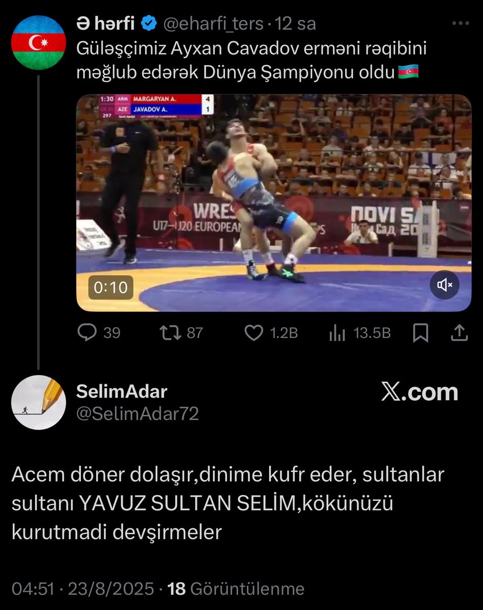 Baxın ümmetcilərin zihniyətini görün, sadəcə bir sporcumuzun başarısını paylaştım. Qəlbinin şah damarına soxtuğumun zəhərli göbələyi o sultan selimin kılıcı ananın hamına girsin