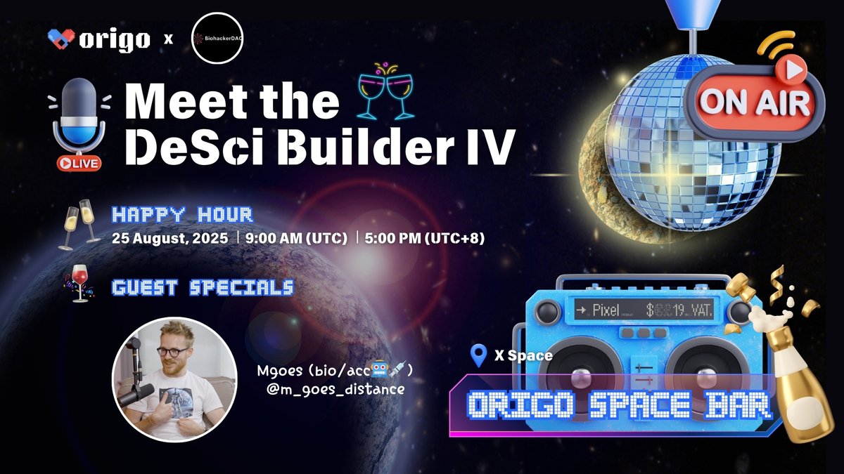 OrigodotFun's tweet image. 🪩 Welcome to the #OrigoSpaceBar 🪩
Vibes on tap, chaos on the rocks 🪇
💿 Title: Meet the DeSci Builder IV
🥃 Happy Hour: 25 August, 09:00 AM UTC
🛋️ Lounge:
Guest Specials:
🍷 @m_goes_distance from @bio_hacker_dao
Forget fine dining - we're about to…