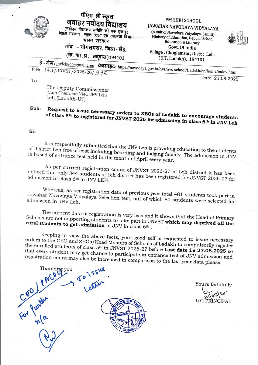 DIPR Leh (@diprleh) on Twitter photo Notice for Class 5 students of Leh district are directed to register for JNVST 2026 for admission to Class 6 in Jawahar Navodaya Vidyalaya (JNV) Leh before the last date, 27th August 2025. Read the notice for more details
<a href="/DIPR_Ladakh/">DIPR Ladakh</a> <a href="/DIPR_Kargil/">DIPR Kargil</a> <a href="/PIBSrinagar/">PIB in Jammu Kashmir & Ladakh</a> <a href="/prasarbharti/">AIR News Leh</a> Notice for Class 5 students of Leh district are directed to register for JNVST 2026 for admission to Class 6 in Jawahar Navodaya Vidyalaya (JNV) Leh before the last date, 27th August 2025. Read the notice for more details
<a href="/DIPR_Ladakh/">DIPR Ladakh</a> <a href="/DIPR_Kargil/">DIPR Kargil</a> <a href="/PIBSrinagar/">PIB in Jammu Kashmir & Ladakh</a> <a href="/prasarbharti/">AIR News Leh</a>