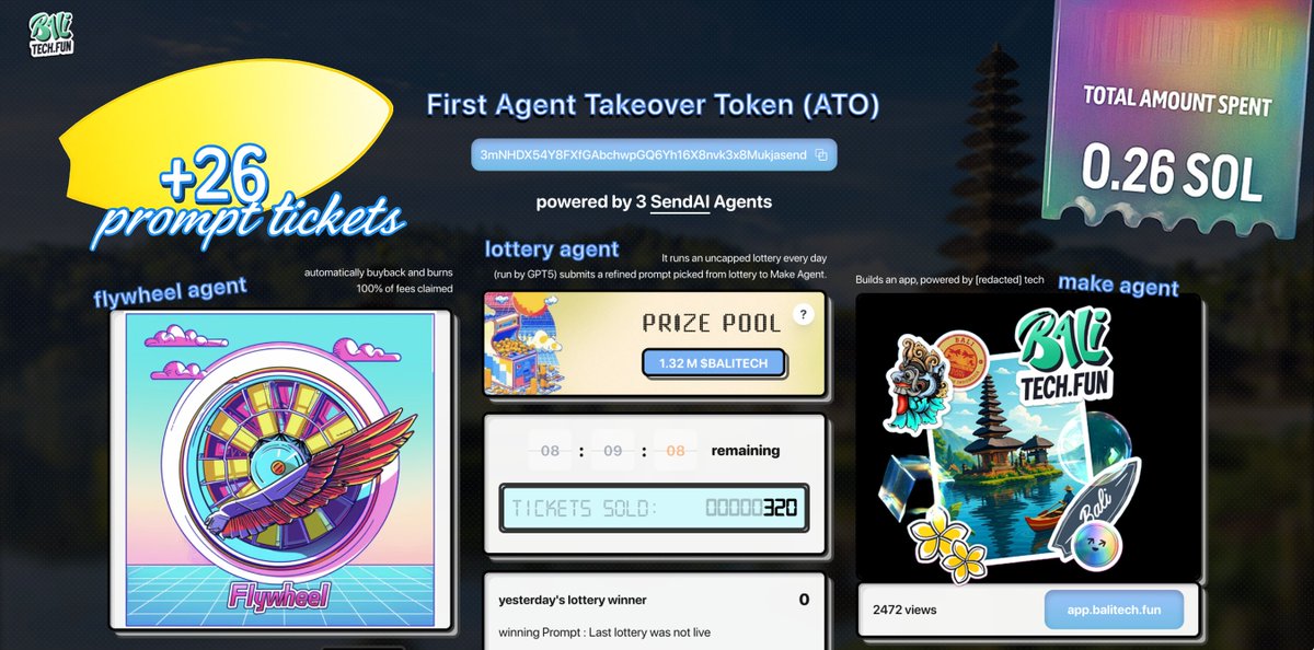 Bali Tech Fun 应用截图，显示 prompt 票、agents 和抽奖详情