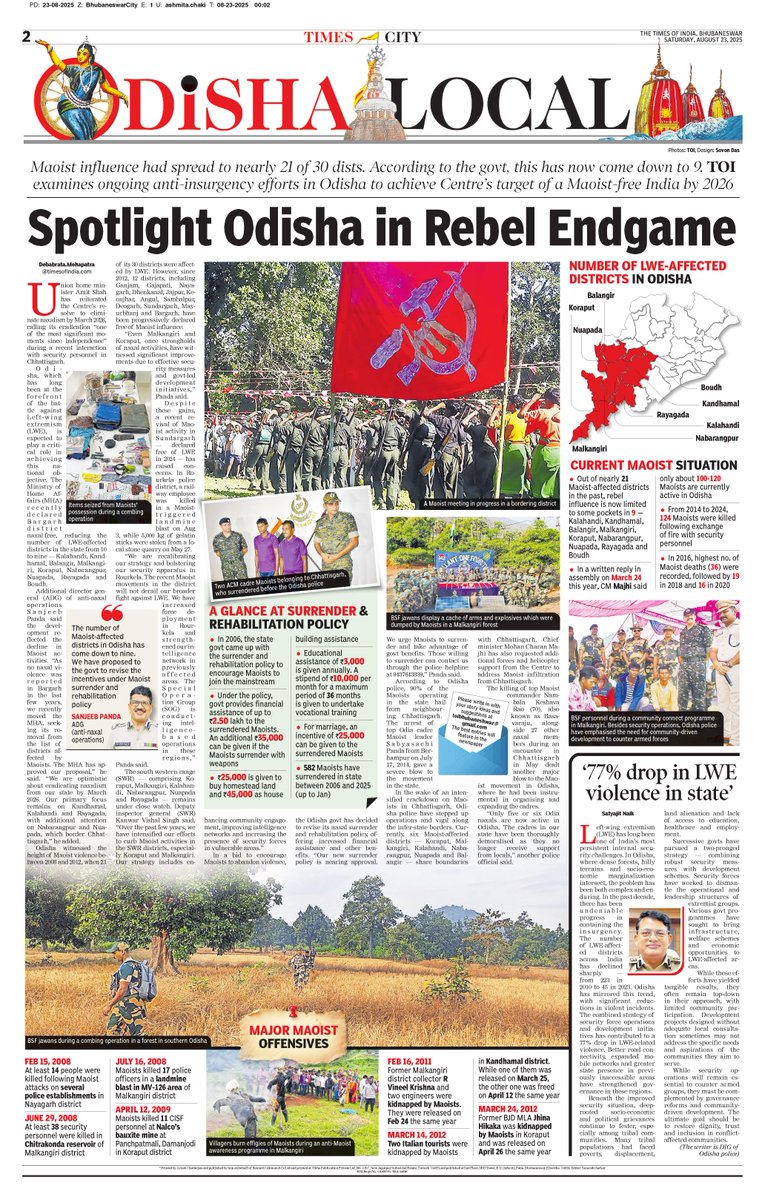 Spotlight #Odisha in Rebel Endgame

#Maoist influence had spread to nearly 21 of 30 dists. According to the govt, this has now come down to 9. TOI examines ongoing anti-insurgency efforts in Odisha to achieve Centre’s target of a Maoist-free India by 2026

#OdishaLocal