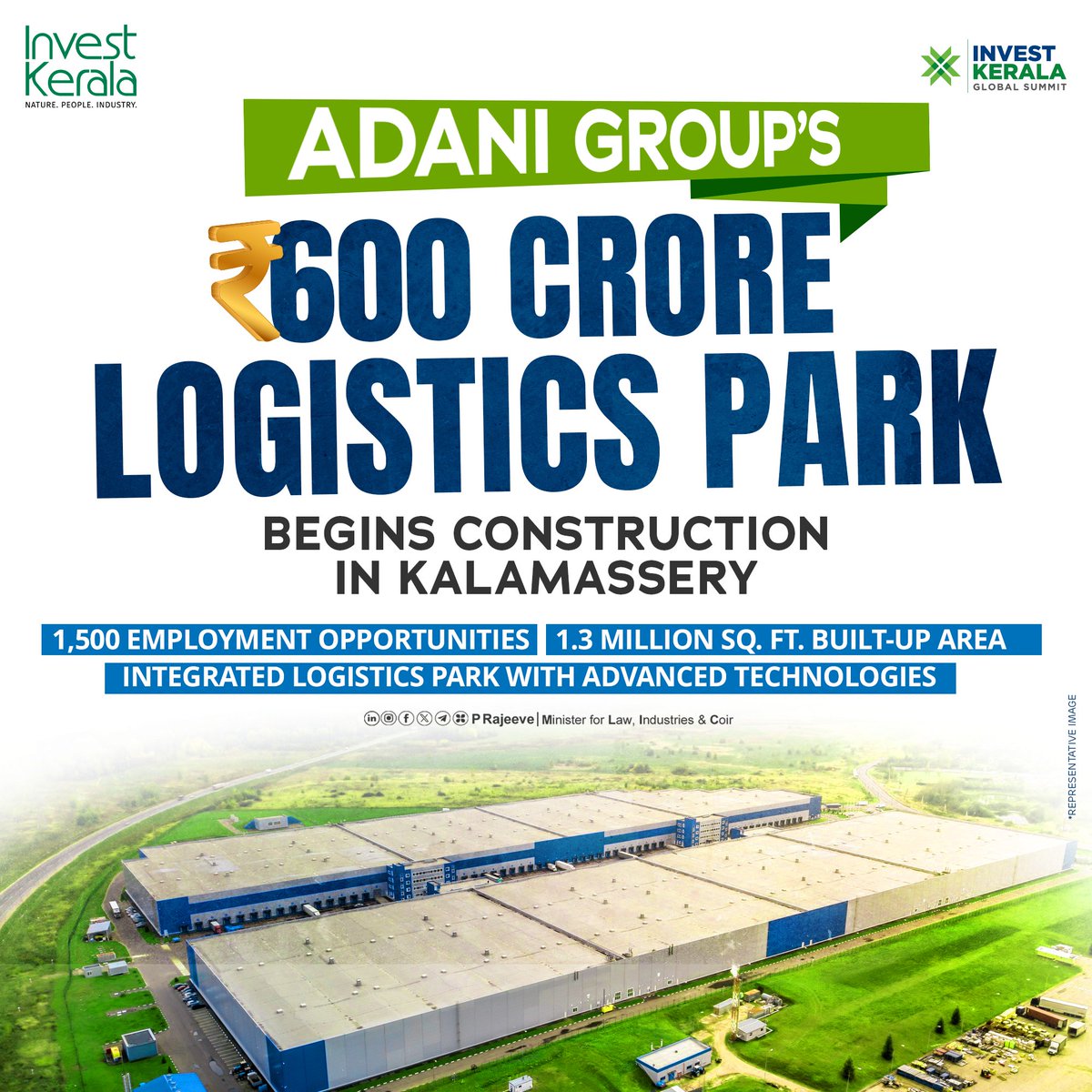 P Rajeev (@prajeevofficial) on Twitter photo I am delighted to share that the ₹600 crore <a href="/AdaniOnline/">Adani Group</a> Logistics Park, announced through the Invest Kerala Global Summit, has begun construction today, inaugurated by Hon. Chief Minister Shri. <a href="/pinarayivijayan/">Pinarayi Vijayan</a> Vijayan at Kalamassery. Spread across 70 acres with over 1.3 I am delighted to share that the ₹600 crore <a href="/AdaniOnline/">Adani Group</a> Logistics Park, announced through the Invest Kerala Global Summit, has begun construction today, inaugurated by Hon. Chief Minister Shri. <a href="/pinarayivijayan/">Pinarayi Vijayan</a> Vijayan at Kalamassery. Spread across 70 acres with over 1.3