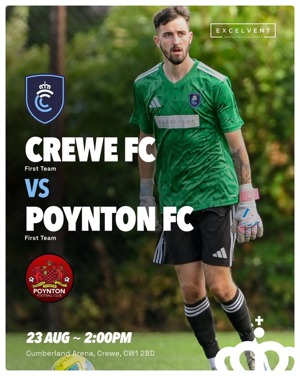 𝗠𝗮𝘁𝗰𝗵𝗱𝗮𝘆! 

⚽️<a href="/CreweFC/">Crewe FC</a> v <a href="/PoyntonFC/">Poynton FC</a> 

🗓 23/08/25

🏆 <a href="/CheshireFL/">Cheshire Football League ⚽️</a> Premier Division

🕑 2pm Kick Off

🏟<a href="/CreweFC/">Crewe FC</a>, Cumberland Arena, Crewe, CW1 2BD

🎟Adults £3 / Children £1

👋🏻 See you there!