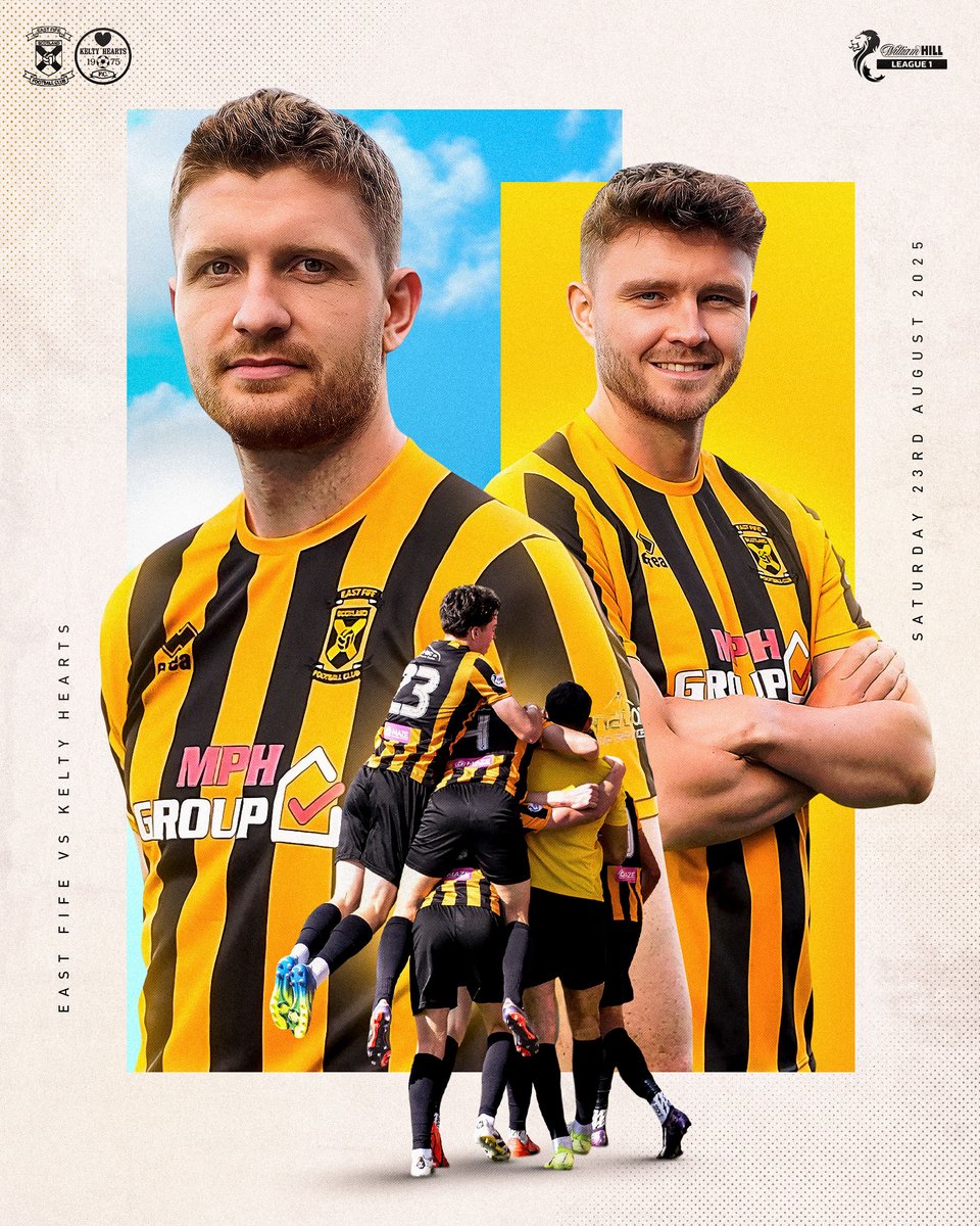 EastFifeFC's tweet image. ⚫️🟡𝗠𝗔𝗧𝗖𝗛𝗗𝗔𝗬🟡⚫️

🏆William Hill League 1
🆚Kelty Hearts
🏟@MGMTimber Bayview Stadium
📅Saturday 23rd August 2025
🕒3:00PM KO
🎟️bit.ly/46FXvMk
📺Live stream available outside UK/Ireland➡️ eftv.info

📢Match Info➡️ bit.ly/4mNOxRV

🎨Blair…
