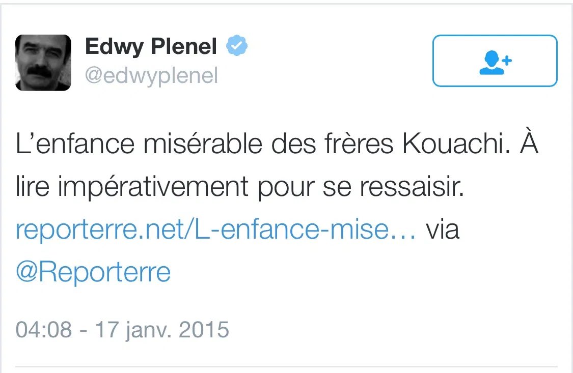 Vincent de Vincennes (@vincentdevince2) on Twitter photo <a href="/EricNaulleau/">Eric Naulleau</a> Et en face, le patron de Reporterre, site ouvertement d'extrême-gauche tendance Sardine.
C'est là que Plénel avait lancé son larmoyant plaidoyer pour les frères Kouachi :
#SevicePublic <a href="/EricNaulleau/">Eric Naulleau</a> Et en face, le patron de Reporterre, site ouvertement d'extrême-gauche tendance Sardine.
C'est là que Plénel avait lancé son larmoyant plaidoyer pour les frères Kouachi :
#SevicePublic