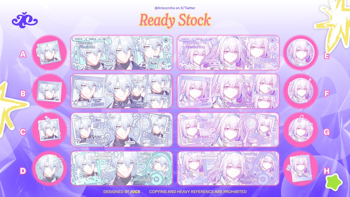 Help RT please? Thank you! 💗

Haai joce bawa 8 layout ready stock phainon &amp; castorice yang bisa ditake sekarang! Masing-masing dapat 2 ava seperti di bagian kanan dan kiri yaa dan untuk harganya bisa cek di alt. Met jajaan guys!! 😋😍🌹🌹

#zonauang #zonaba