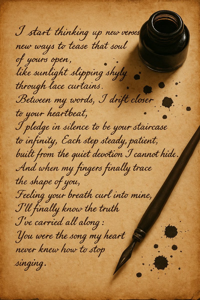 Dee40PAA's tweet photo. Between these lines, I drift closer, tracing the curves of a soul I’ve been searching for… a song my heart never knew how to stop singing.   

#Poetry #Romance #IntimateWords #Heartbeats #ForYou #SoulSong #SoftIntimacy #DeepConnection #FromHeartTillDawn ​#DeesWritings https://t.co/Vc7UMlIOT8