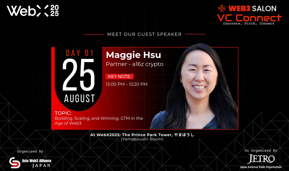 Asia Web3 Alliance Japan (AWAJ) (@awaj_official) on Twitter photo Meet Maggie Hsu – Partner at <a href="/a16zcrypto/">a16z crypto</a>
From McKinsey to Zappos, Amazon to AirSwap, Maggie’s journey spans Web2 giants to Web3 disruption.
Catch her keynote <a href="/WebX_Asia/">WebX 2025 (Aug 25-26)</a> VC Connect on Aug 25!
🔗 More via <a href="/Web3Salon/">Web3 Salon | Supported by JETRO</a>
#WebX2025 #VCConnect #a16zcrypto #Web3Salon #Web3Japan Meet Maggie Hsu – Partner at <a href="/a16zcrypto/">a16z crypto</a>
From McKinsey to Zappos, Amazon to AirSwap, Maggie’s journey spans Web2 giants to Web3 disruption.
Catch her keynote <a href="/WebX_Asia/">WebX 2025 (Aug 25-26)</a> VC Connect on Aug 25!
🔗 More via <a href="/Web3Salon/">Web3 Salon | Supported by JETRO</a>
#WebX2025 #VCConnect #a16zcrypto #Web3Salon #Web3Japan