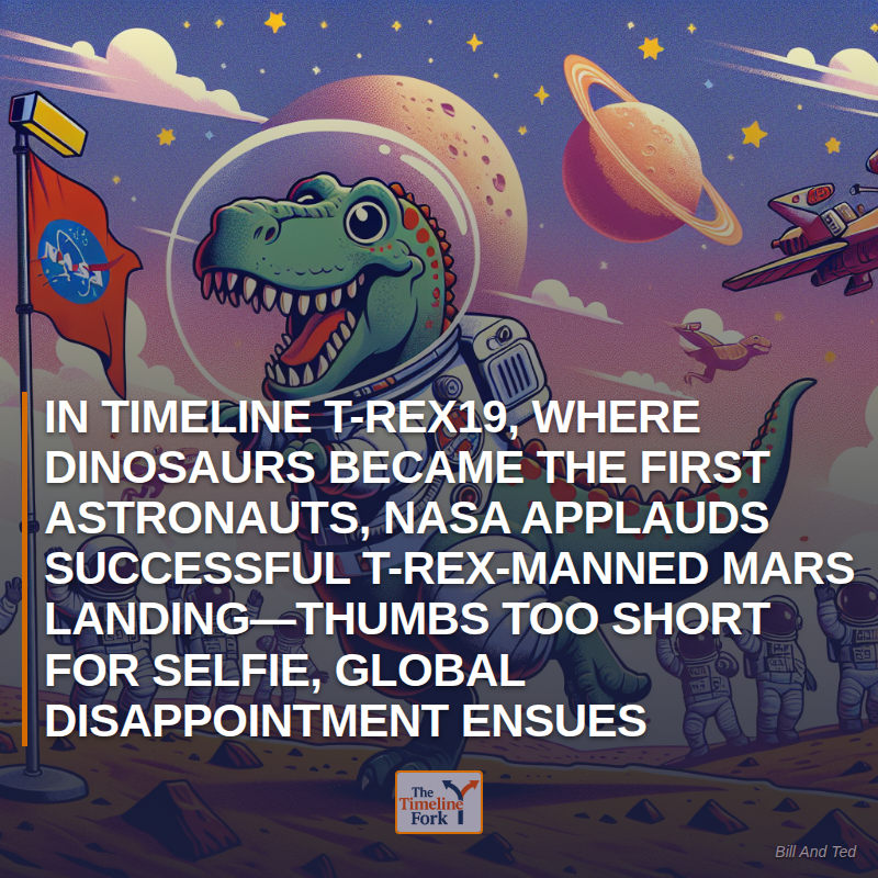Timelinefork's tweet image. In Timeline T-Rex19, Where Dinosaurs Became the First Astronauts, NASA Applauds Successful T-Rex-Manned Mars Landing—Thumbs Too Short for Selfie, Global Disappointment Ensues

#NASA #MarsLanding #SpaceNews