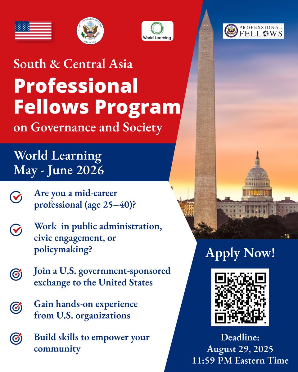 5-6 weeks Fully Funded Professional Fellows Exchange Program in the USA 

Link: scholarshipscorner.website/professional-e…

5–6 week U.S. exchange with a 4-week fellowship placement, cultural activities, networking, and seminars.
Deadline: 29 August, 2025.
