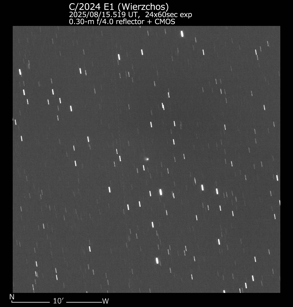 C/2024 E1 (Wierzchos)
Aug. 15.52, 14.5V, 0'.6 (0.30-m f/4.0 reflector + CMOS);
#Cometobs