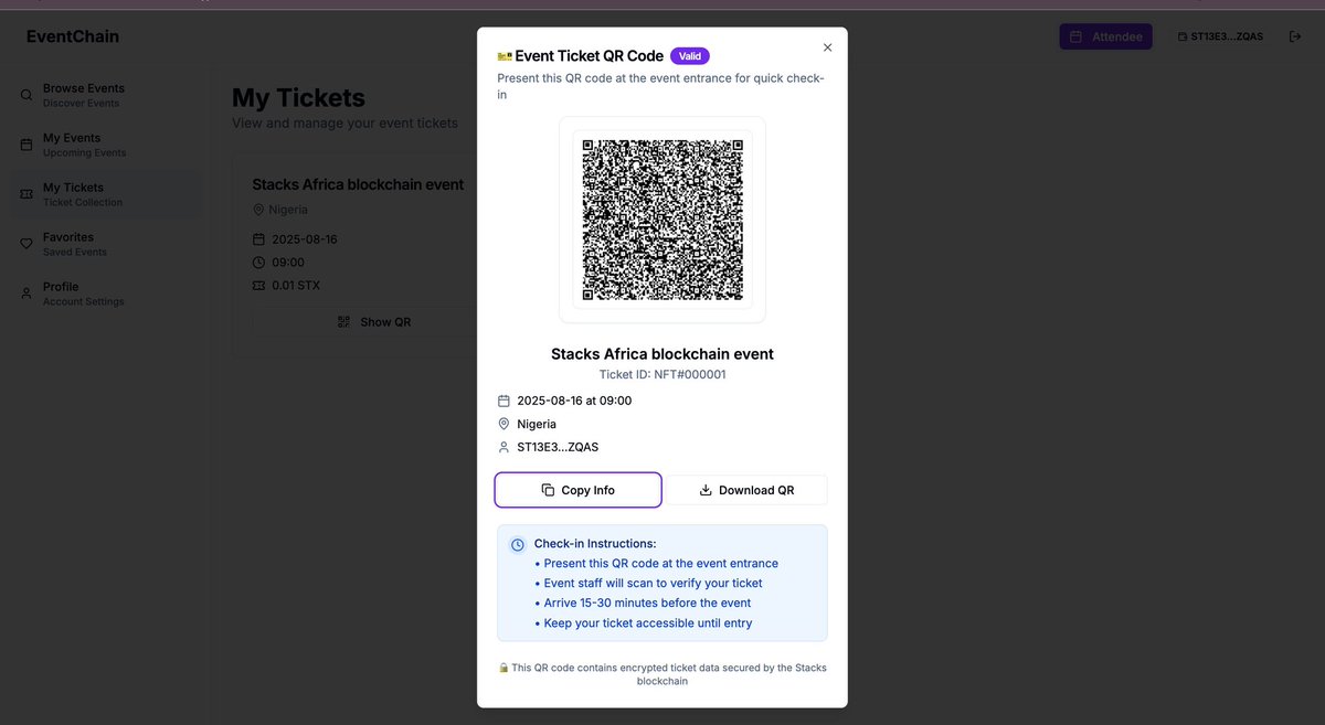 biillbaby's tweet image. While working on my EventChain project, I thought of the ease that a qrcode that carries the details of the ticket purchased will bring, not only for the guests but for the event organizers as well. 
I realized that it will aid easy checkin &amp;amp; ticket verification #stacksascent