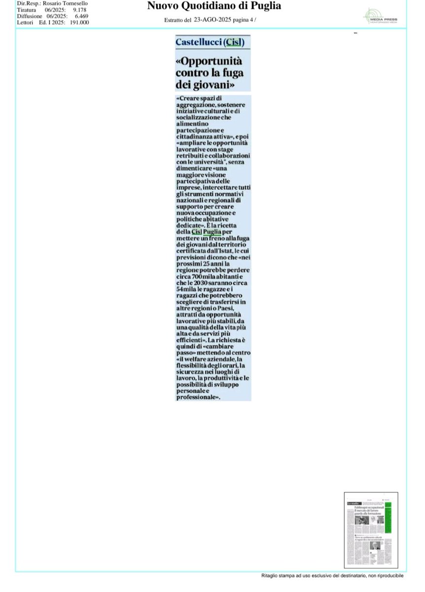 #23agosto 
🗞️ #rassegnastampa 
Il segretario generale #CislPuglia Antonio Castellucci su #giovani e #lavoro 
📌 <a href="/ledicola_it/">L'Edicola</a>
📌 <a href="/Quoti_Puglia/">Quotidiano di Puglia</a> 
📌 inpuglia24.it/22/08/2025/pug…