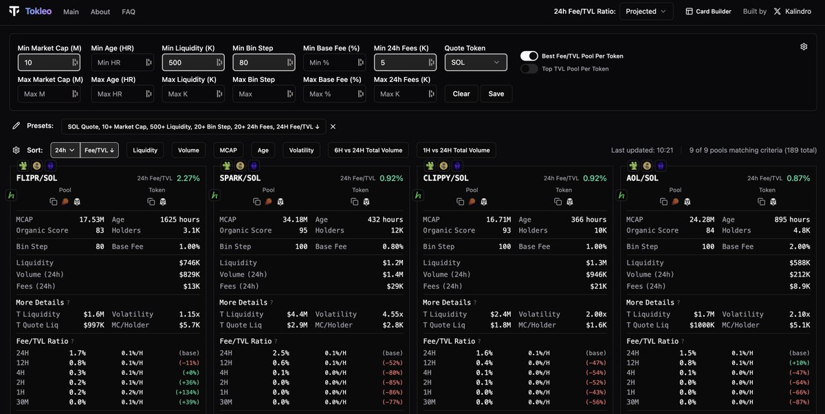 Tokleo tool filters for selecting DLMM pools