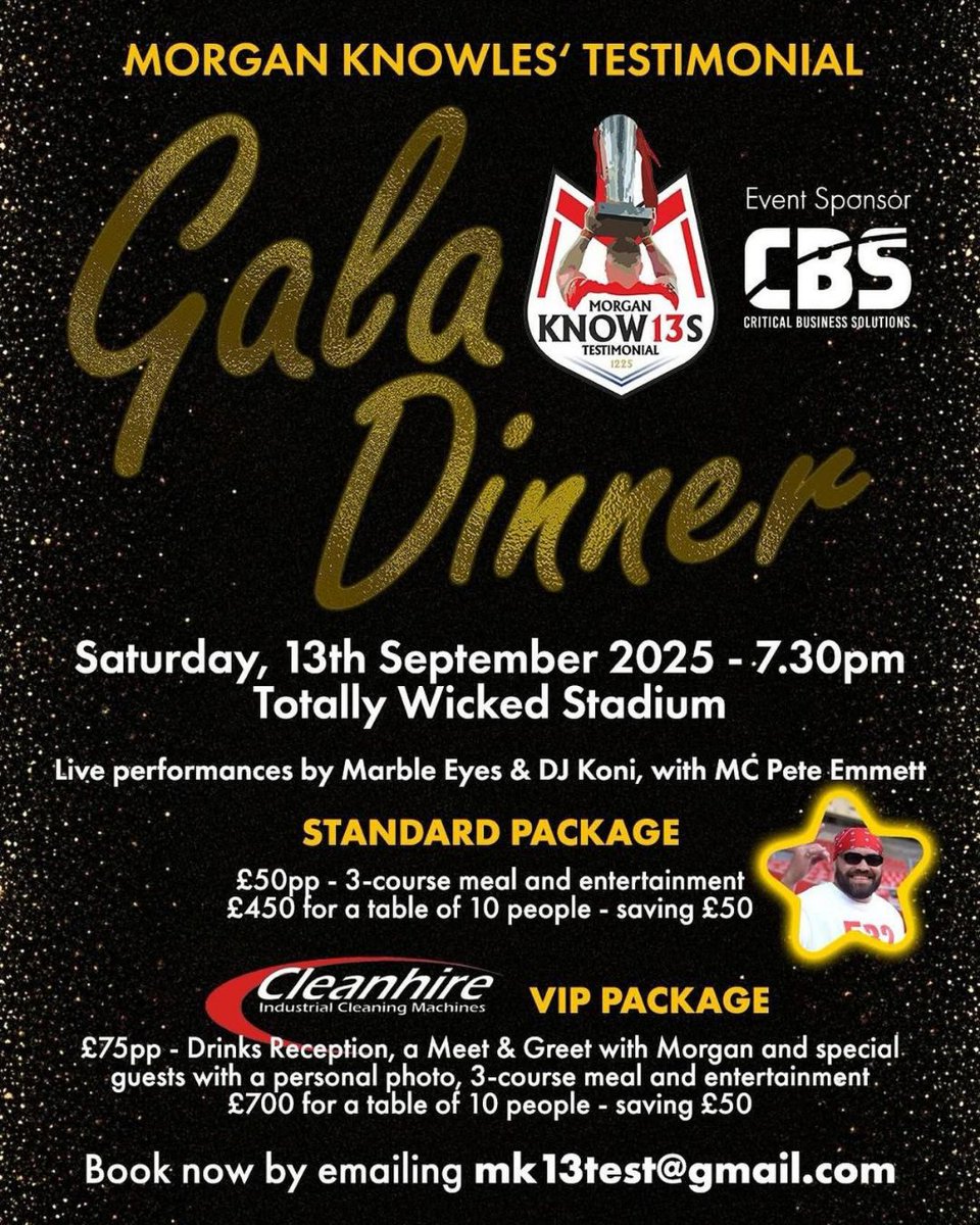 Still Time To Enter!
Win tickets to Morgan Knowles’ Testimonial Gala Dinner 🎩✨

📅 Sat 13 Sept 2025 | 📍 Totally Wicked Stadium
🎶 Live music, 🍽️ 3-course meal &amp; black-tie celebration

10 pairs up for grabs! 🎟️

To enter:
✅ Like ❤️
✅ RT 🔁
✅ Tag a friend 👇
✅ Follow us

⏳