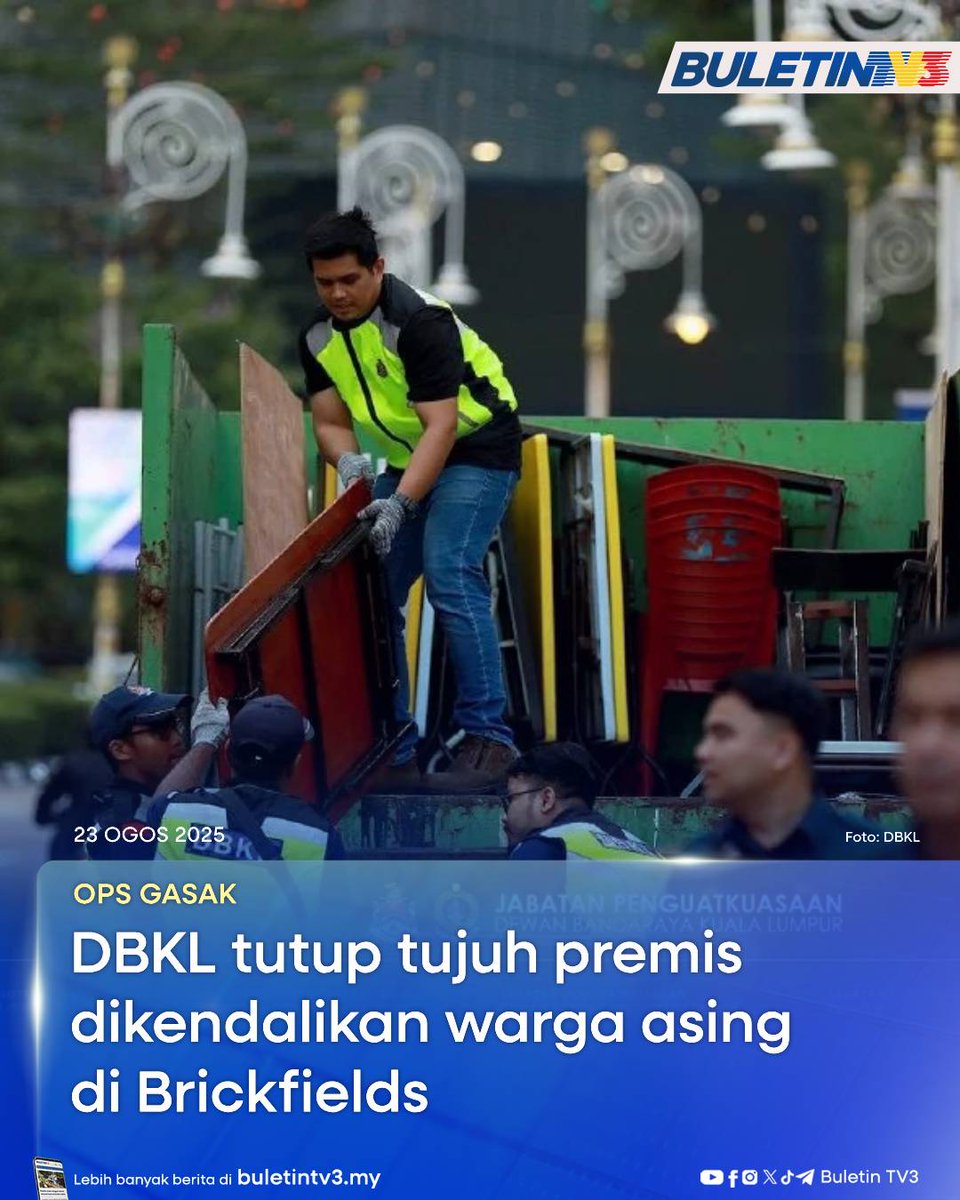 BuletinTV3's tweet photo. OPS GASAK | Dewan Bandaraya Kuala Lumpur (DBKL) menutup tujuh premis dikendalikan warga asing di sekitar Brickfields dalam operasi bersepadu, Ops Gasak Siri 3/2025 semalam.

#BuletinTV3 #BeritaTerkini #DBKL #OpsGasak #Brickfields https://t.co/5aFqhokr3k