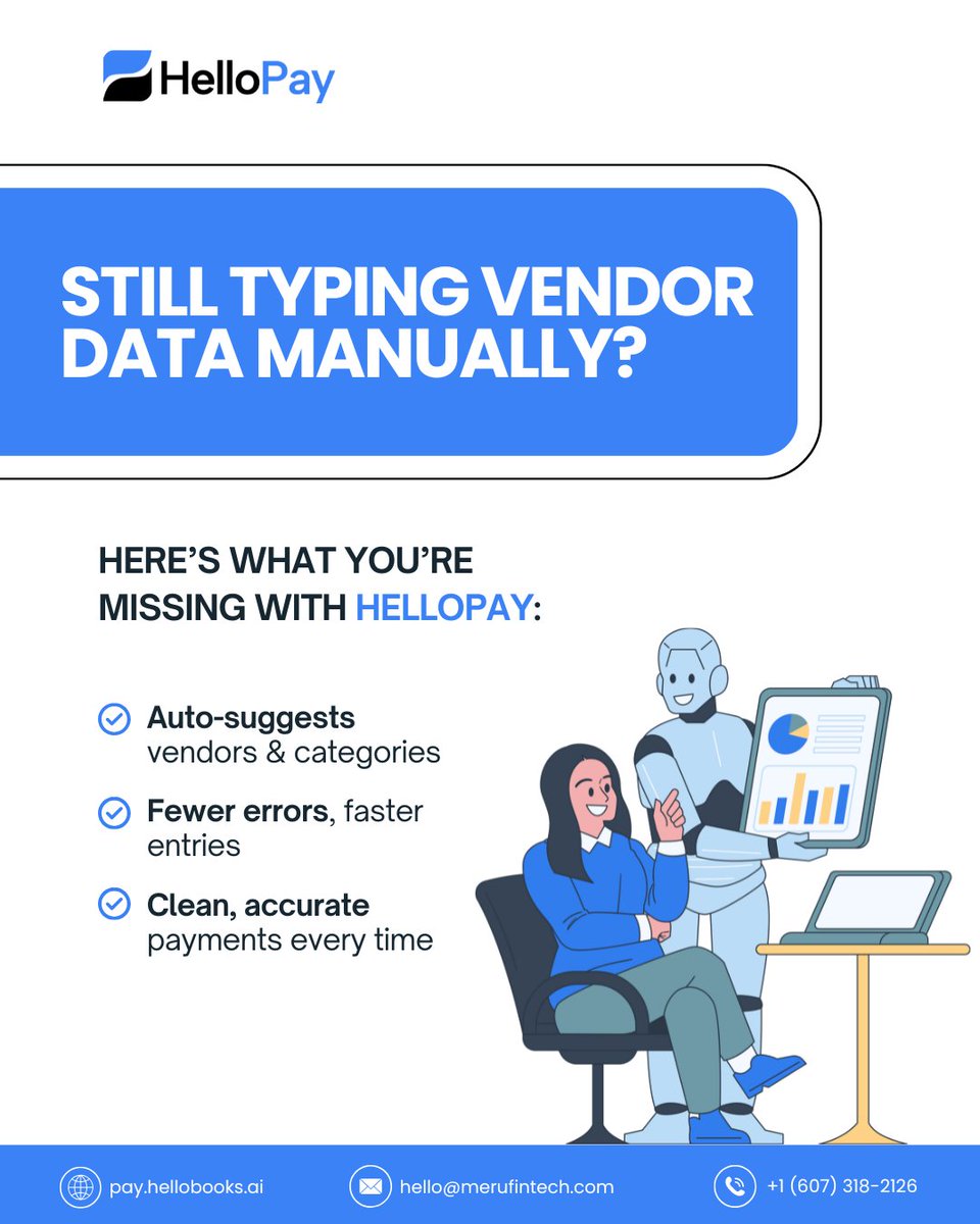 hellobooksai's tweet image. Ditch the manual data entry. 
Let HelloPay auto-suggest vendors, reduce errors, and ensure clean, accurate payments every time.
Website : pay.hellobooks.ai
#hellopay #automatedpayments #vendorautomation #expensemanagement #businesspayments #accuratepayments