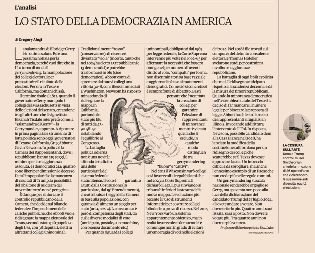 Ci sono due modi per vincere le elezioni: prendere più voti o creare collegi che precostituiscono il risultato. Il secondo caso si chiama “gerrymandering” e sta tornando in auge in Usa perché Trump teme di perdere i midterm del 2026. Ieri su <a href="/sole24ore/">IlSole24ORE</a> online, oggi su carta.