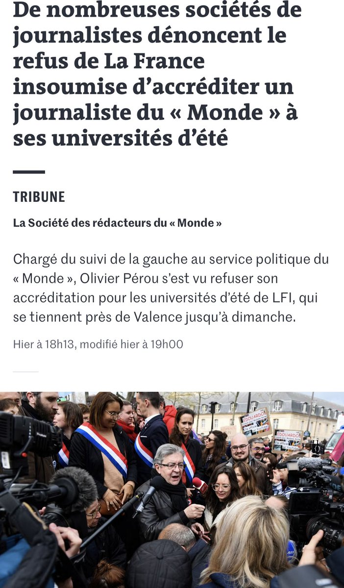 karim_bouamrane's tweet image. Solidarité avec la rédaction du @lemondefr et son journaliste Olivier Pérou. Je salue le geste de solidarité du quotidien Libération. La liberté d’exercer la profession de journaliste est un principe consubstantiel de notre République.
N’en déplaise à certains . @lemondefr @libe…