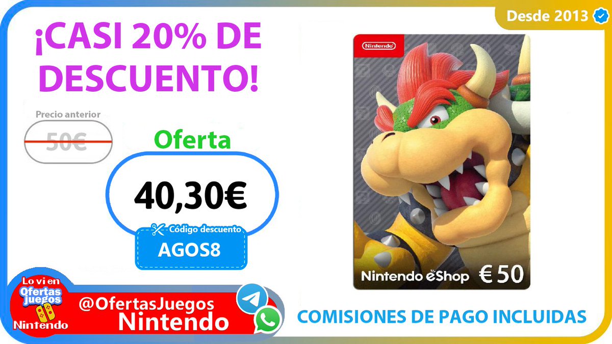 💚💚💚 50€ de saldo eShop 
BAJONAZO SUPREMO DE MÁS a solo 40,30€  ¡PRÁCTICAMENTE UN 20% DE DESCUENTO!

✂️ Usa el código descuento
AGOS8

⛴ ojueg.es/P14rb

🩵🩵 Casi el 50% de los encuestados (t.me/AportesNintend…) creen que Silksong costará 40€ o más ¡Espero que